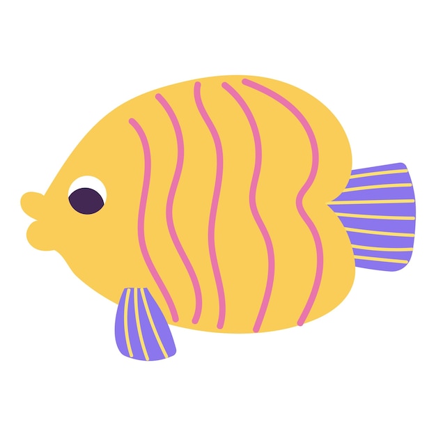 Isolated cartoon yellow marine fish with pink stripes in hand drawn flat style on white background