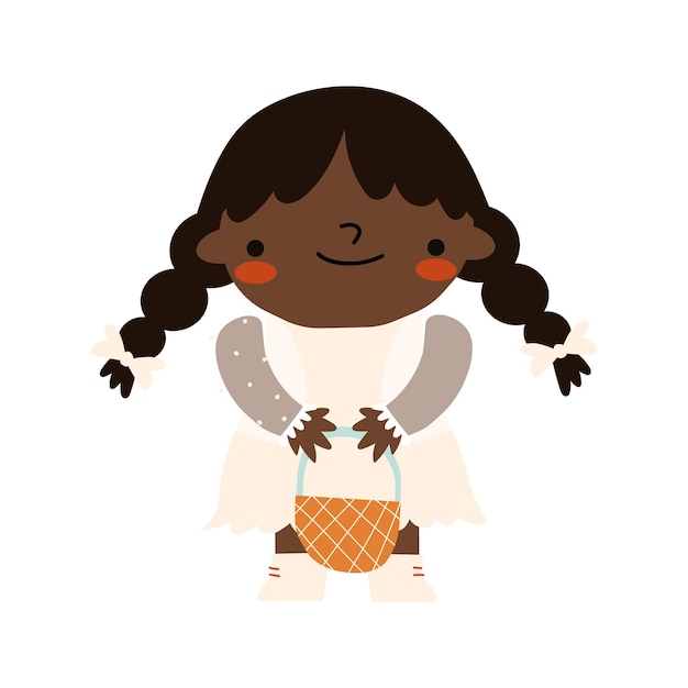 Isolated character girl with dark skin and in a light dress holding a basket vector illustration