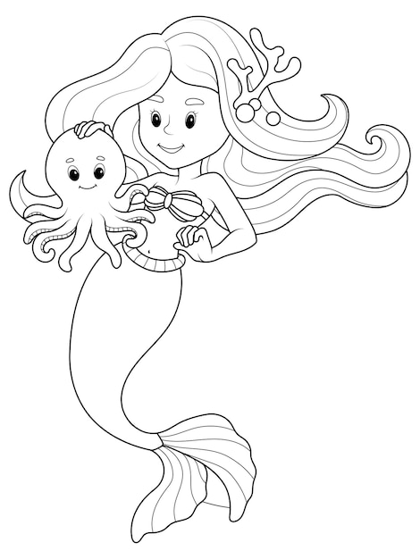 Sirena di carattere isolato con polpo illustrazione vettoriale pagina libro da colorare