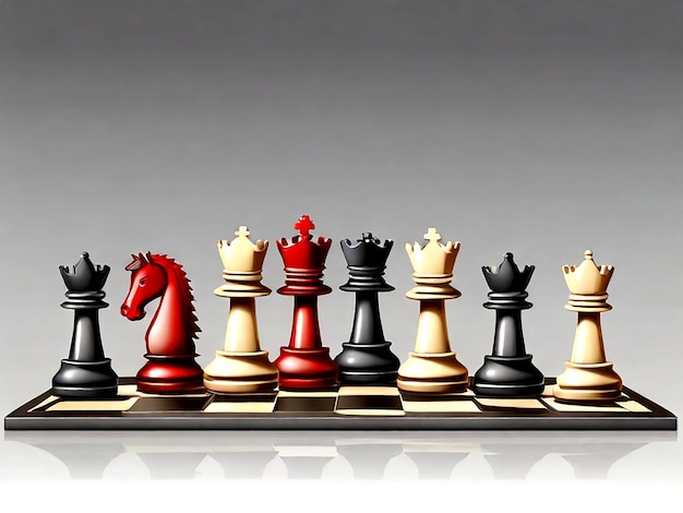 изолированная шахматная доска и различные шахматные фигуры иллюстрация вектора.