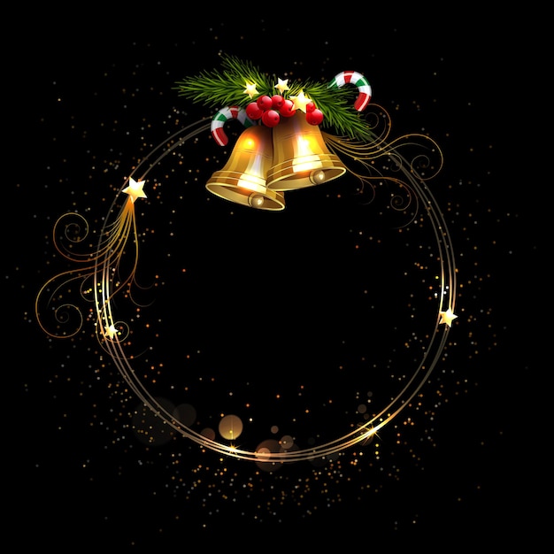 Vector isolated christmas round wreath with golden bells black design