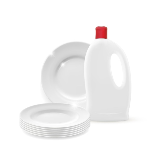 Isolated clean plate stack with cleanser bottle mockup