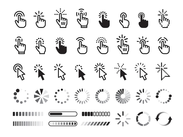 Isolated click icons Hands symbols selection pointer sign Tap link loading web indicator Pick direction arrows finger clicked tidy vector computer set