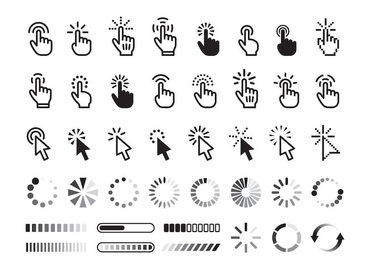 Vector isolated click icons hands symbols selection pointer sign tap link loading web indicator pick direction arrows finger clicked tidy vector computer set