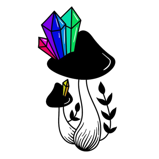 Изолированный клипарт мистического гриба с радужными кристаллами и ветками Векторная разноцветная ручная иллюстрация гриба