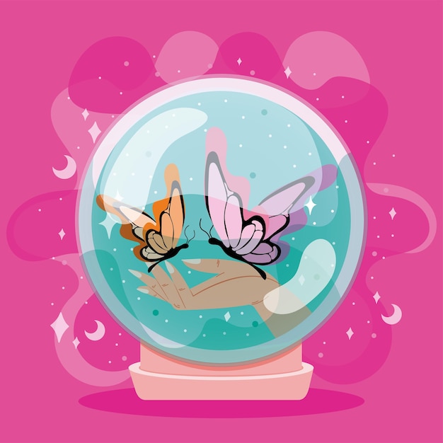 Isolated colored crystal ball with a hand holding butterflies Vector illustration