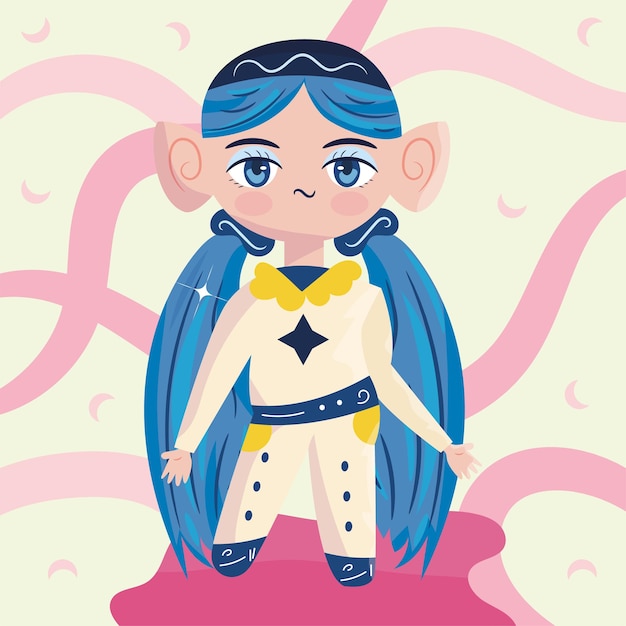 Isolato colorato carino chibi femminile anime bambini personaggio disegnato a mano illustrazione vettoriale