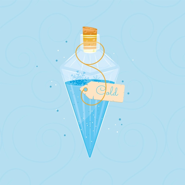 Isolated colored magical flask potion with cold label Vector illustration