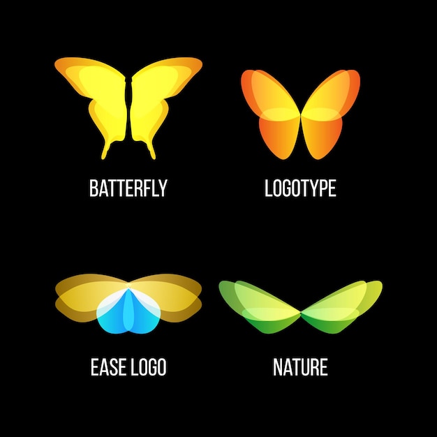 격리 된 화려한 나비 벡터 로고 세트 비행 곤충 로고 타입 컬렉션 야생 자연