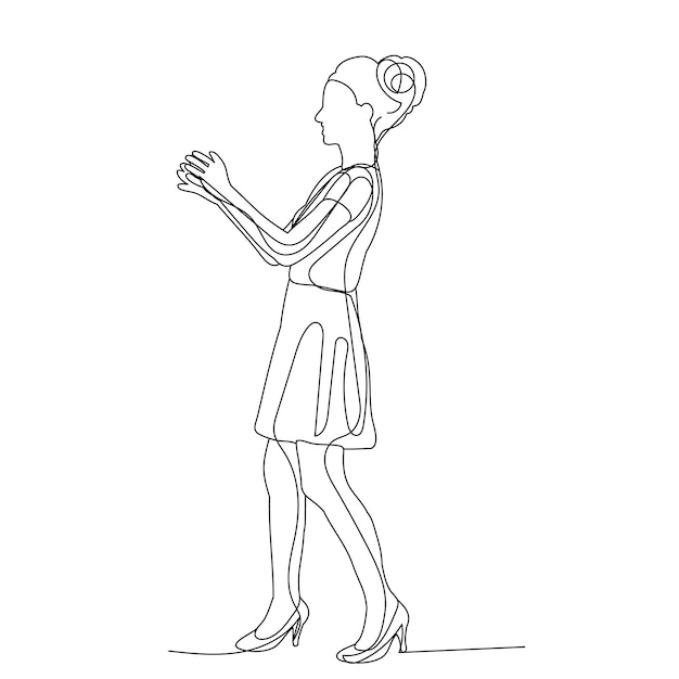 Isolated continuous line drawing of a girl a woman rejoices