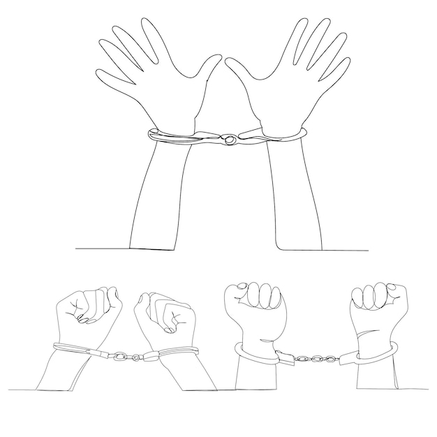 Vector isolated continuous line drawing of hand in handcuffs