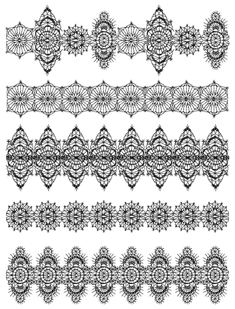 Isolated crocheted lace border with an openwork pattern set of isolated knitted lace borders