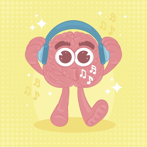 Isolated cute brain character cartoon with headphones vector