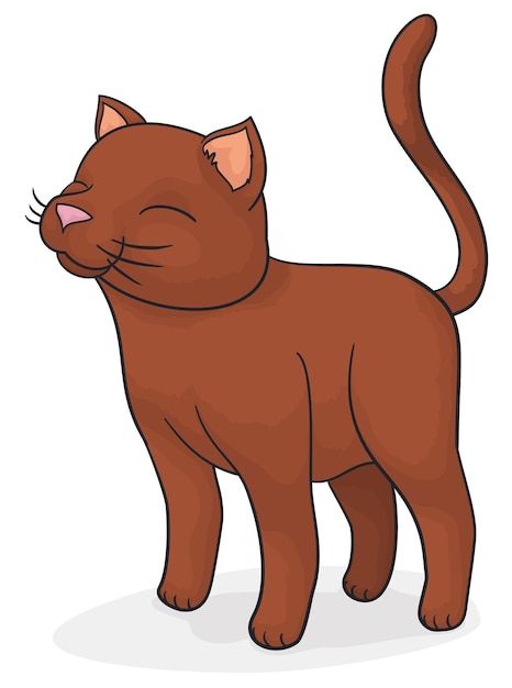 Vector isolated cute cat with closed eyes and brown fur in stand up position