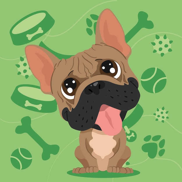 Isolated cute french bulldog dog character on a pet toys background Vector