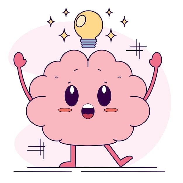 Isolated cute happy brain cartoon character with an idea Vector