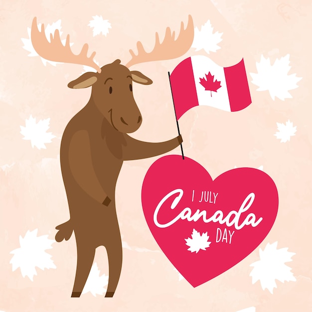 캐나다 국기를 들고 고립 된 귀여운 무스 만화 해피 캐나다 벡터