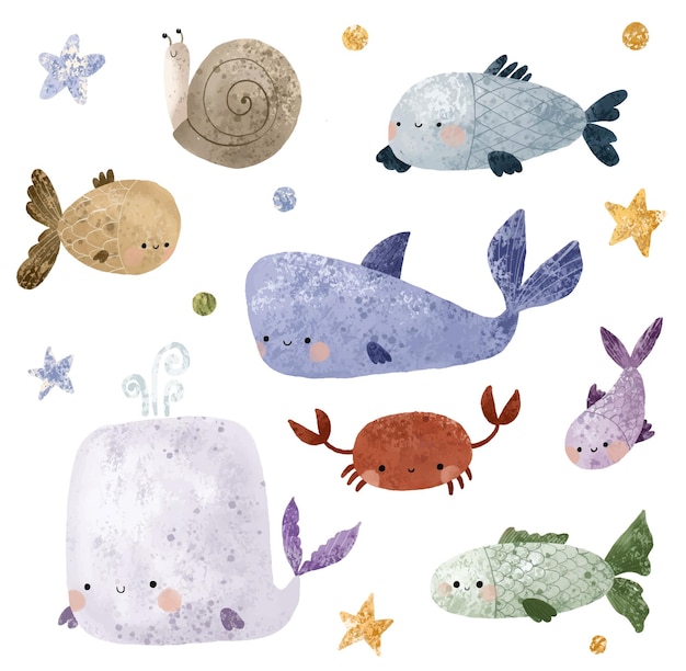 Isolated cute sea fish Set of freshwater aquarium cartoon fish for print children development Ca