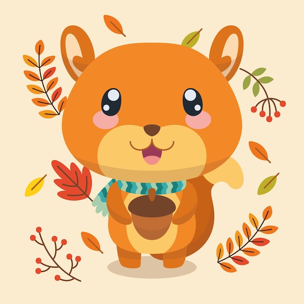 Vector isolated cute squirrel character holding a nut autumn background vector illustration
