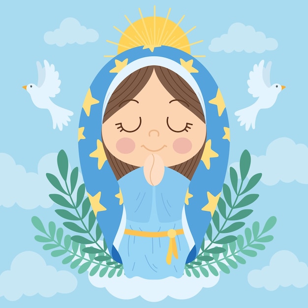 Isolated cute virgin mary character with flora ornaments Vector