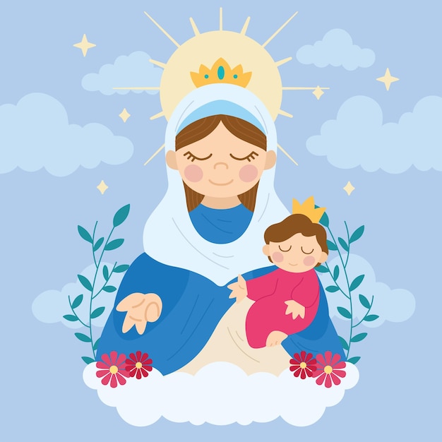 Isolated cute virgin mary character with flora ornaments Vector