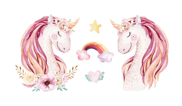 Isolated cute watercolor unicorn clipart Nursery unicorns illustration Princess unicorns poster Trendy pink cartoon horse