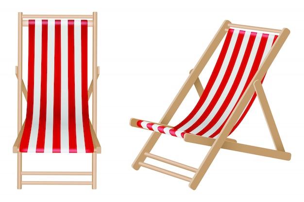 Isolated deck chair on white background. Wooden deck chairs with white and red stripes