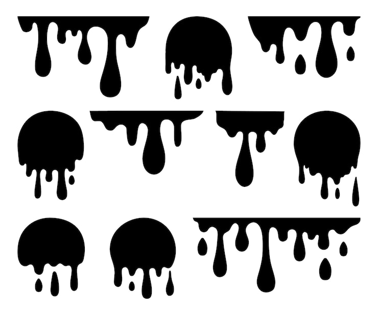Vector isolated dripping paint melted drip black drops liquid graphic ink stain melting syrup or chocolate droplets silhouettes decent vector collection