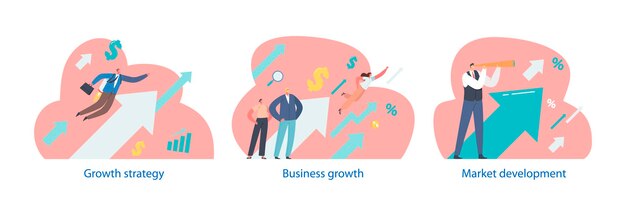 Isolated elements business growth with characters expansion and development of company's operations