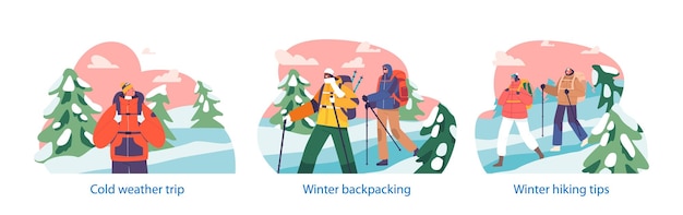 Isolated elements with adventurous winter hikers or mountain climber characters embark on a snowy journey with backpacks tracing way through the snowy landscape cartoon people vector illustration