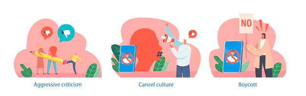 Vector isolated elements with characters perform cancel culture scenes refer to the practice of publicly shaming or boycotting for perceived offensive behavior or beliefs cartoon people vector illustration