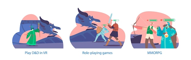 Elementi isolati con personaggi in realtà virtuale i giocatori di mmorpg nel mondo digitale interagiscono e combattono insieme agli altri in un'illustrazione vettoriale espansiva e immersiva dell'ambiente virtuale