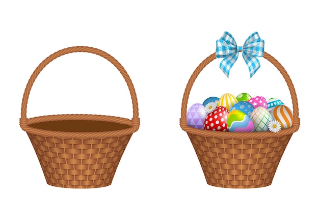 Vector isolated empty wicker basket and basket with colorful easter eggs