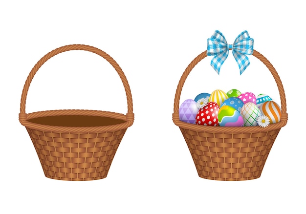 Isolated empty wicker basket and basket with colorful easter eggs