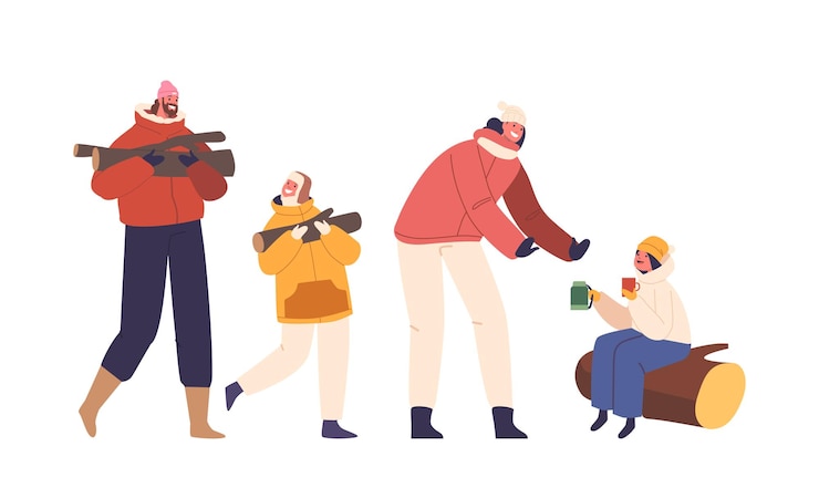 Vector 겨울 캠핑에서 고립된 가족 캐릭터 아버지와 아들이 덤불을 수집하고 있습니다. 어머니와 딸이 통나무에 앉아 차를 마시고 있습니다. 겨울 활동 개념 만화 벡터 일러스트