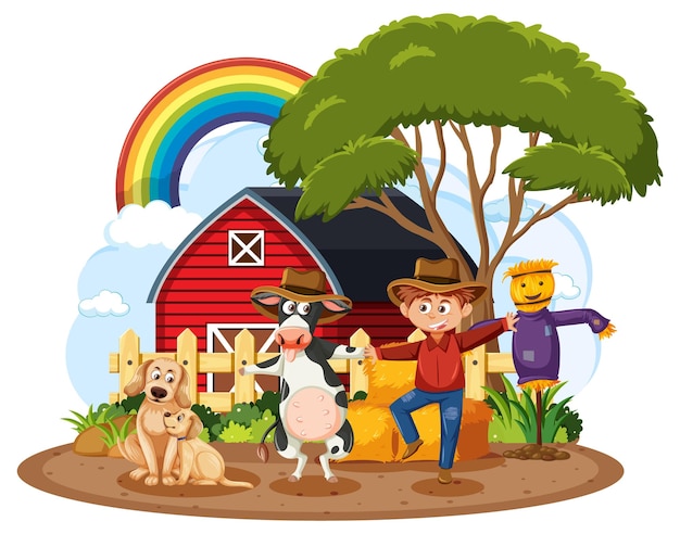 Isolated farm scene with cartoon character