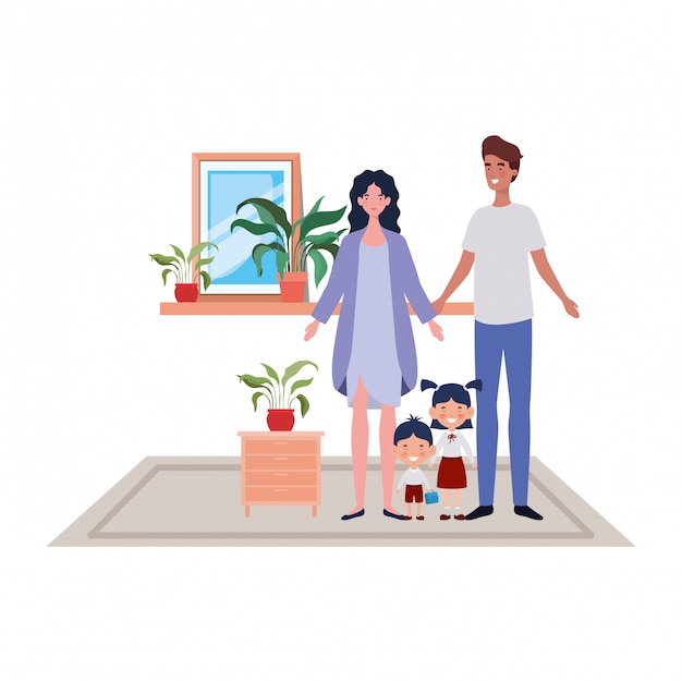 Vector isolated father and mother with kids