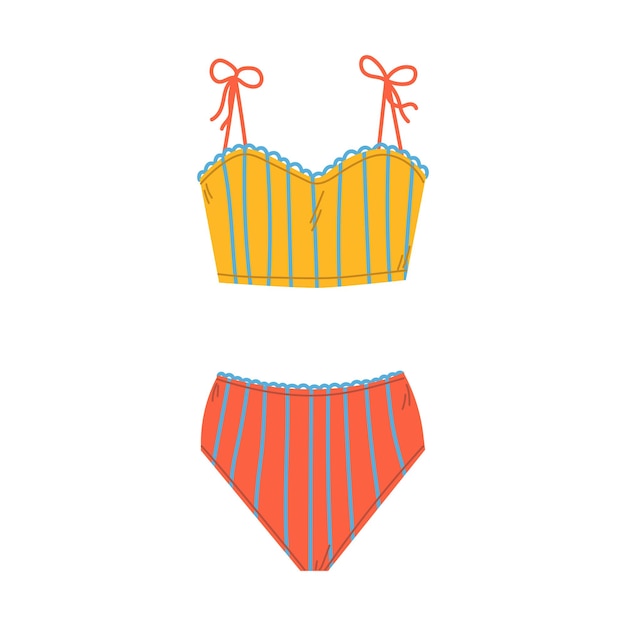 Isolated female fashion striped two piece beachwear in yellow and red color with neck ties