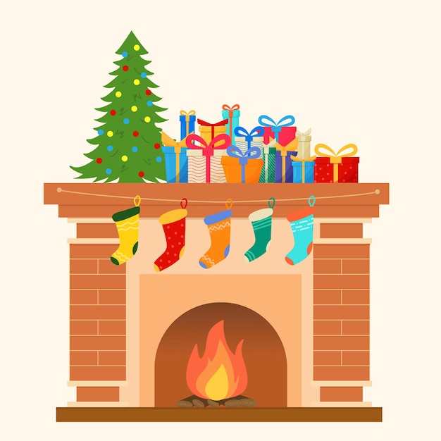 Vector isolated fireplace with present socks, christmas tree and gift boxes. vector illustration.