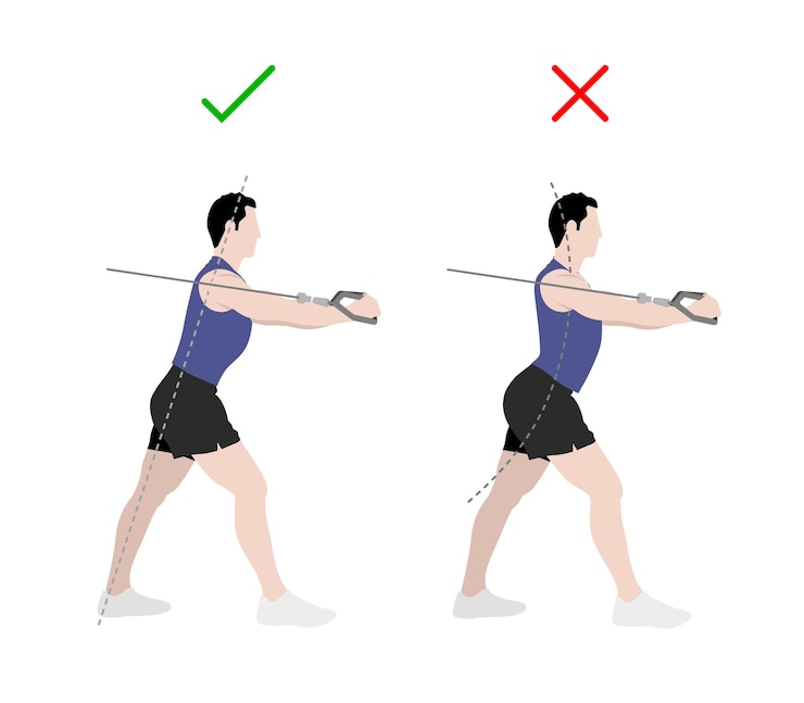 Vector isolated fitness man standing training chest with pulley right and wrong do and dont flat style