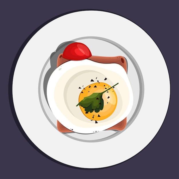 The isolated flat egg with shadows on the bread and with a piece of tomato on the plate