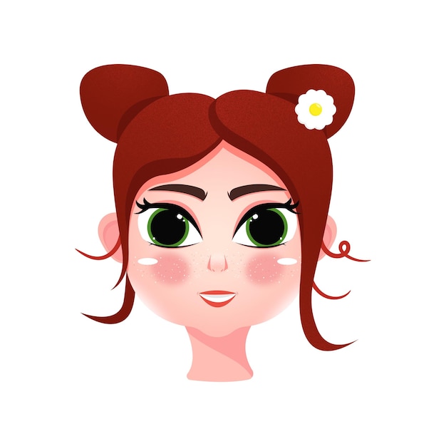 The isolated flat head of cute lovely girl with big green eyes and red hair