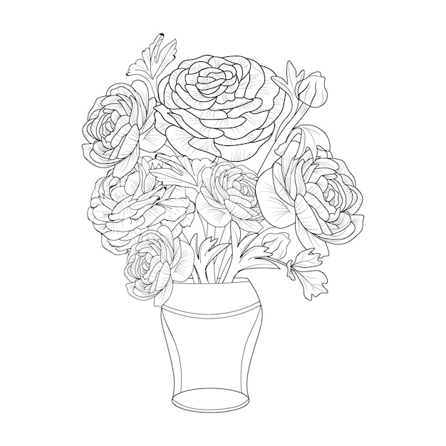 isolated of floral branch leaf vase coloring page ranunculus, Buttercup flower engraved ink art