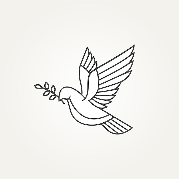 isolated flying dove or pigeon holding olive branch line art simple icon vector illustration design