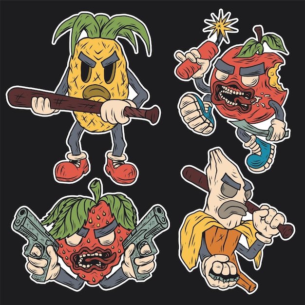 Isolated freak characters set - apple, banana, strawberry and pineapple