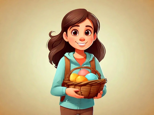 계란 바구니 벡터를 들고 고립 된 소녀 만화 캐릭터