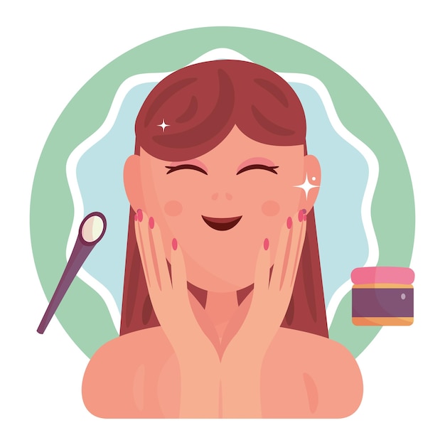 Isolated girl character applying beauty products sketch vector