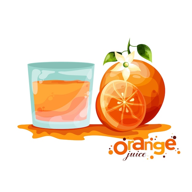 The isolated glass with orange juice and two oranges in flat style