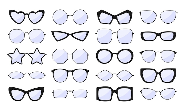 Isolated glasses icons set black rim and glass Eyes vision sun protection female spectacles frames Vintage racy vector sunglass silhouettes Illustration of fashion frame ocular