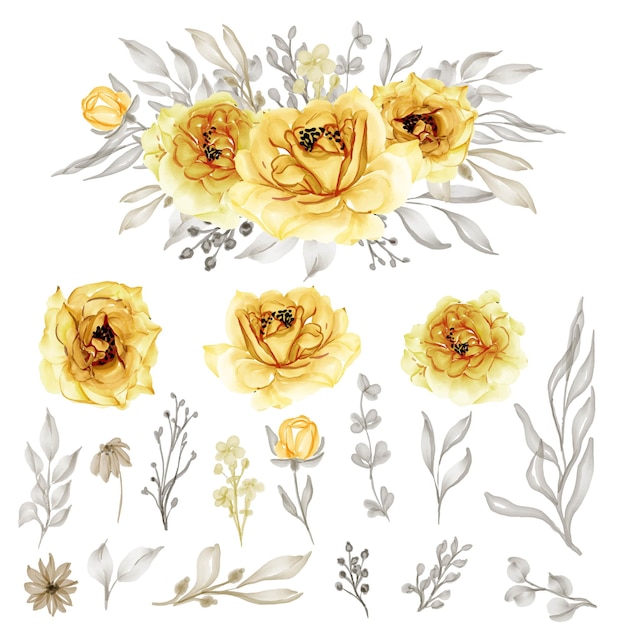 Изолированные золотые желтые розы цветочные листья